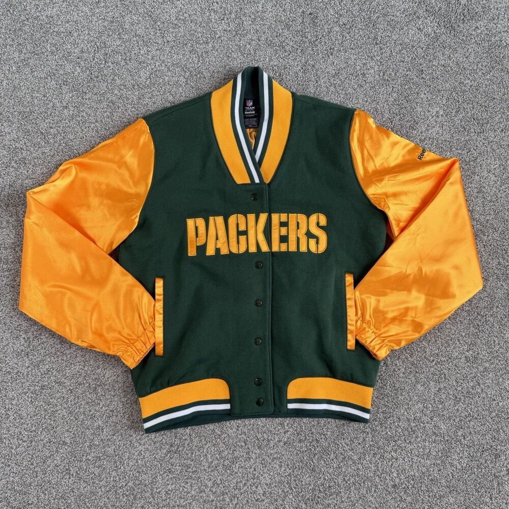 Reebok NFL Green Bay Packers Satin Sleeve Bomber Jacket Womens Size Medium